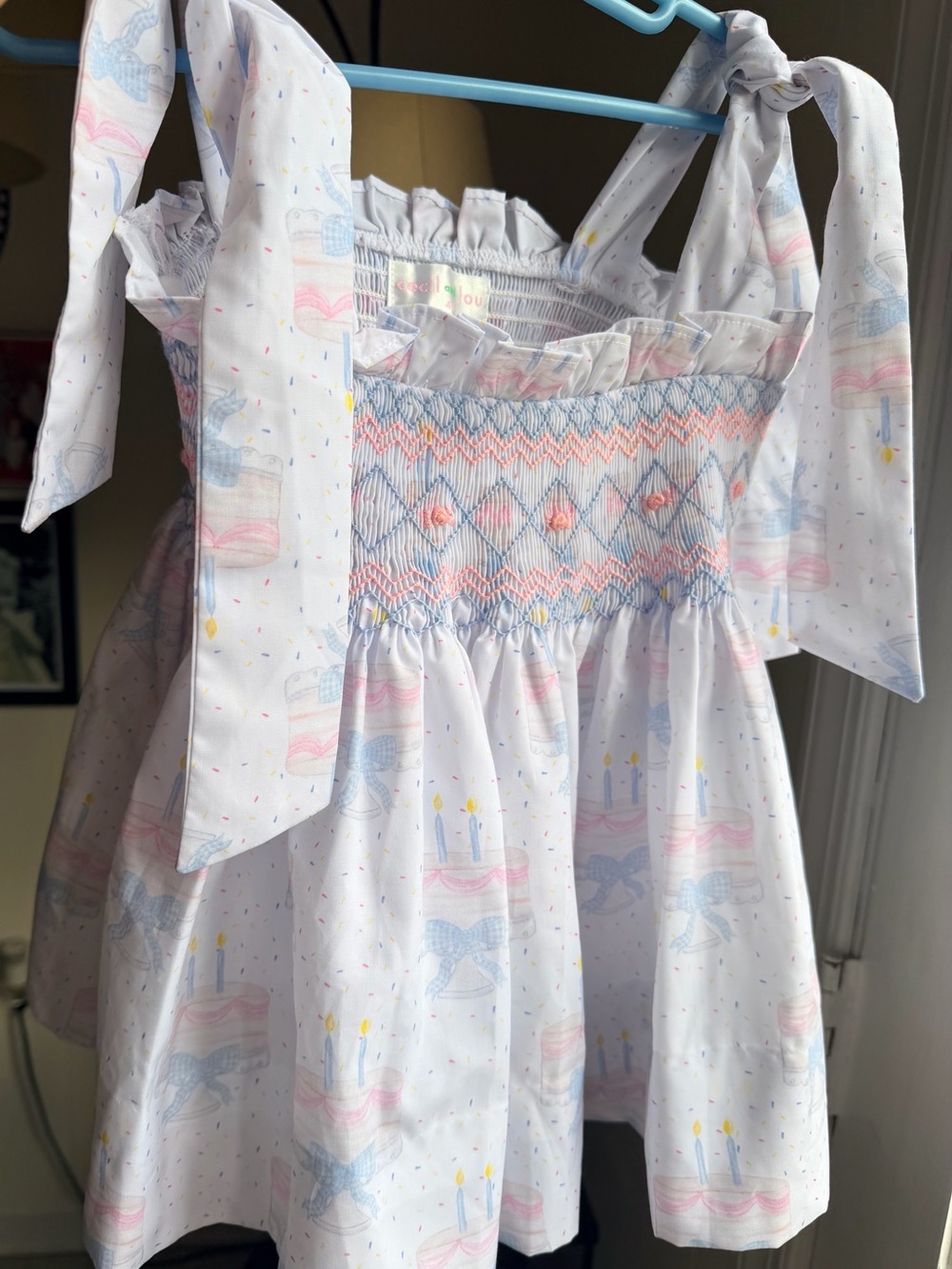 Smocked Tie-Shoulder Girls set in Pastel Birthday Print